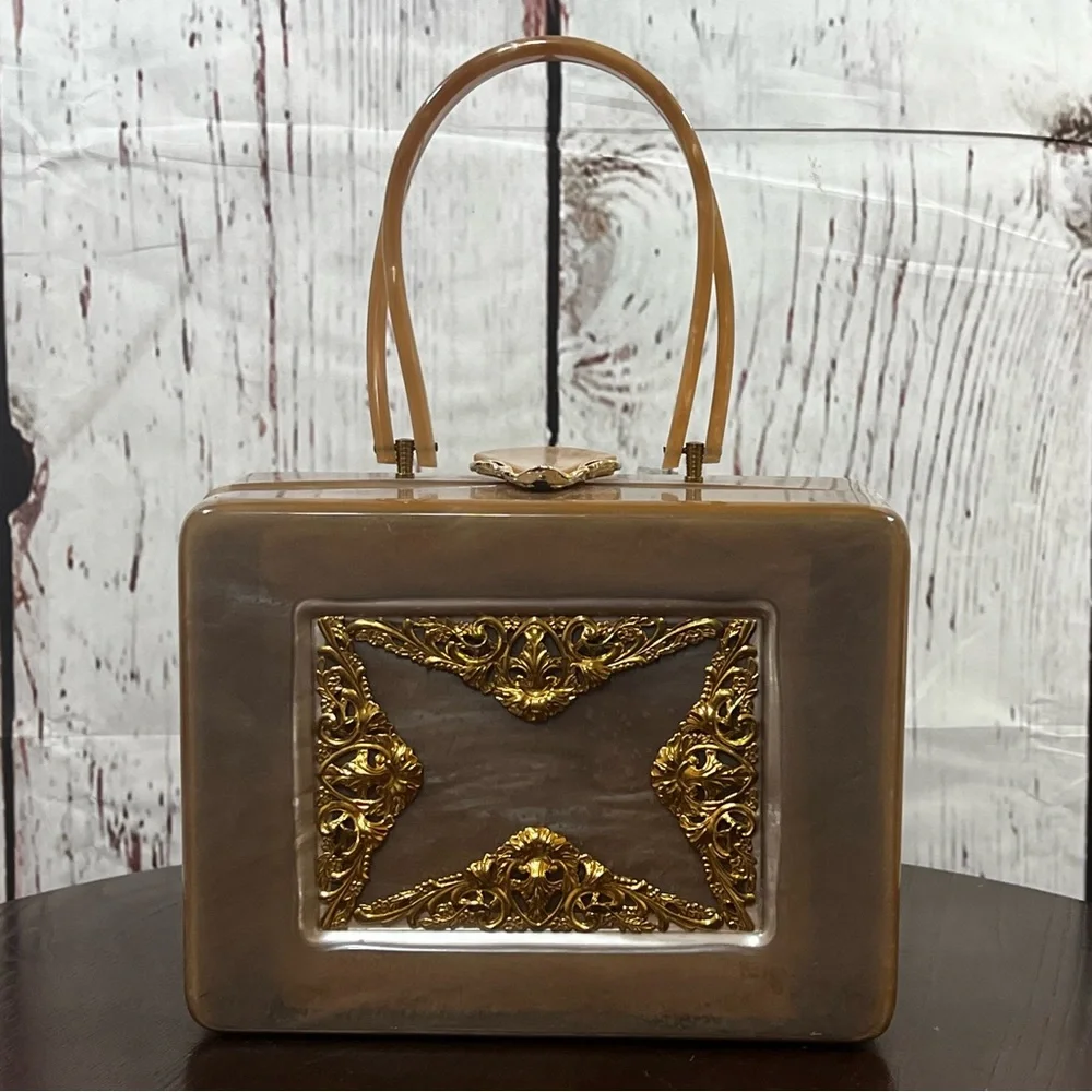 Retro Vintage Taupe Acrylic Box Bag with Gold Filigree - Picture 12 of 13